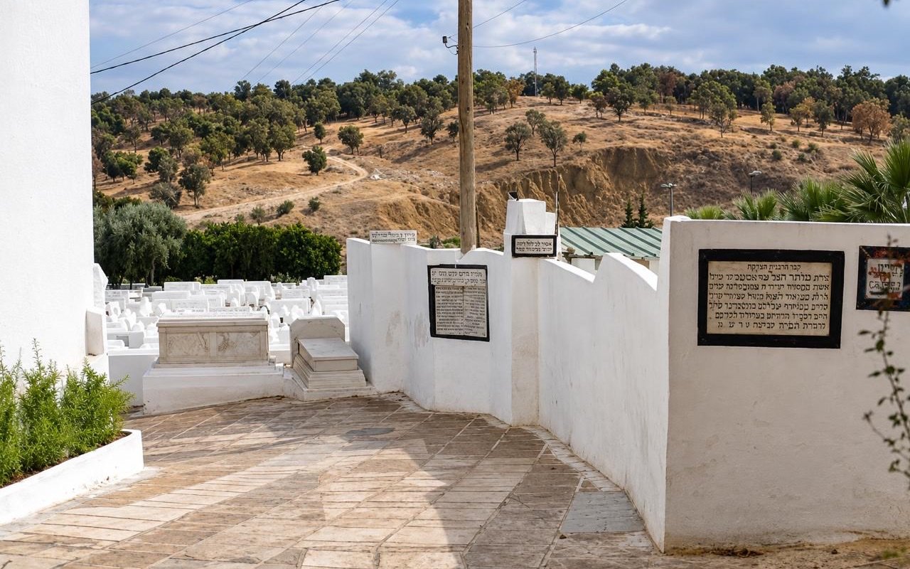 חלקת קברי החכמים בבית העלמין היהודי בפאס - לוחות זיכרון בעברית על קירות לבנים, מצבות מסויידות וגבעת זיתים מאחור